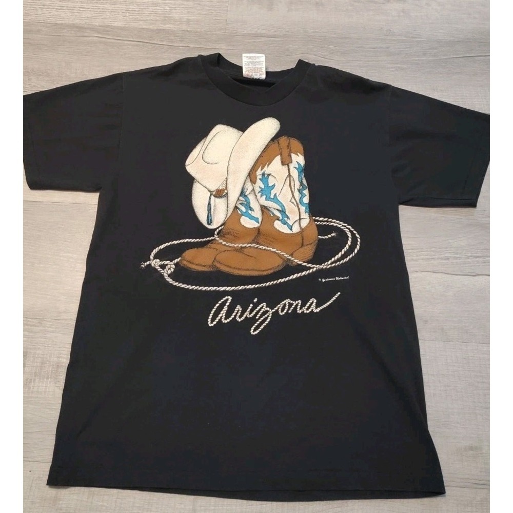 VTG Hanes Single Stitch T shirt Arizona Cowboy Boots Hat‎ Medium Black Made usa